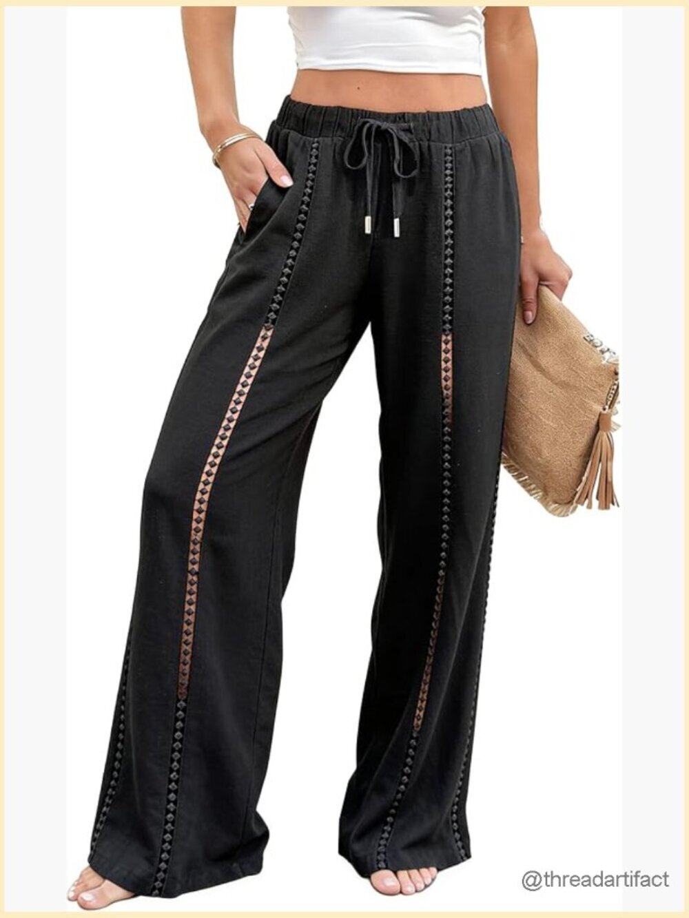 Linen Blend Drawstring Elastic Waist Wide Leg Palazzo Pants with Pockets